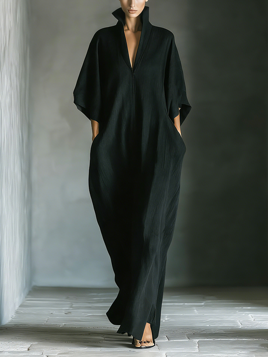 SABINE - Black Cotton Oversized Sleeve Maxi Dress