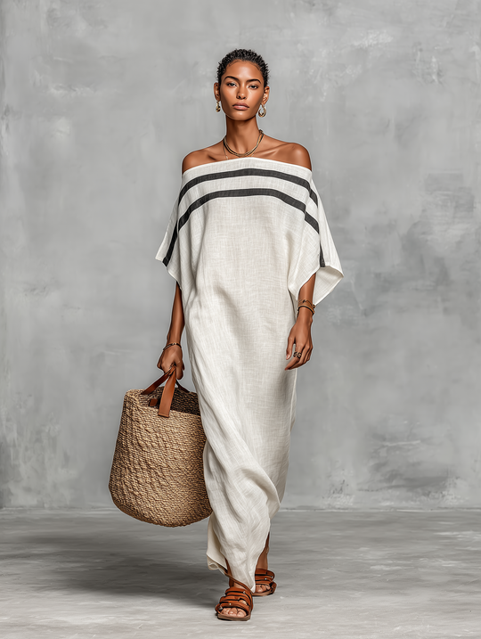 CECILIA - Linen Blend Batwing Sleeve Straight-cut Maxi Dress