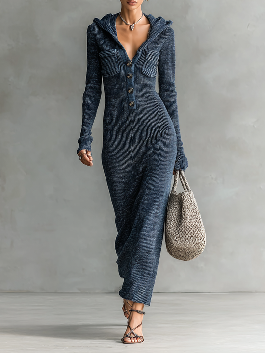 ANNA - Slim-fit Hooded Knitted Maxi Dress