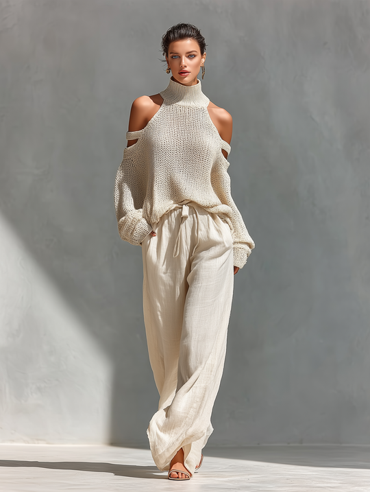 SHAYNA - Beige Turtleneck Top & Wide-Leg Pants Set