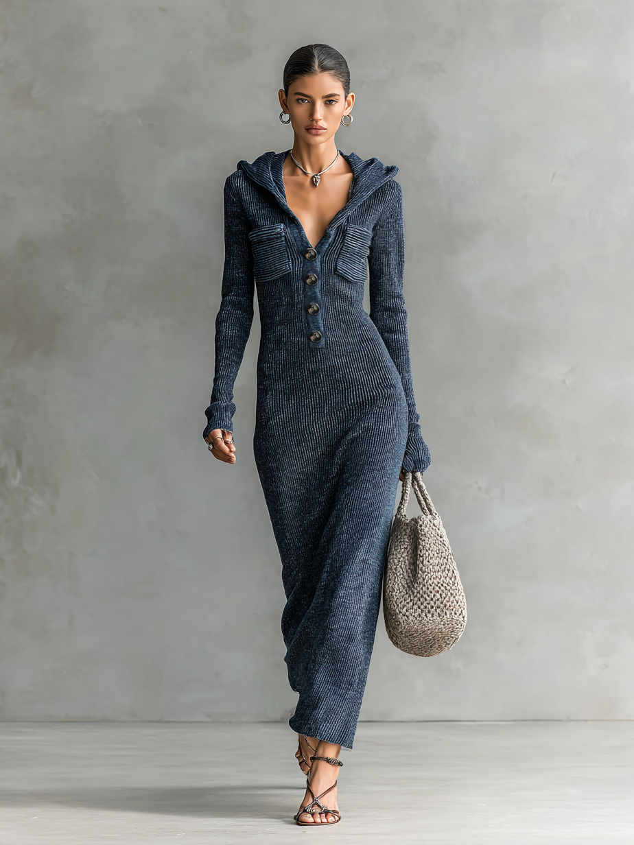 ANNA - Slim-fit Hooded Knitted Maxi Dress