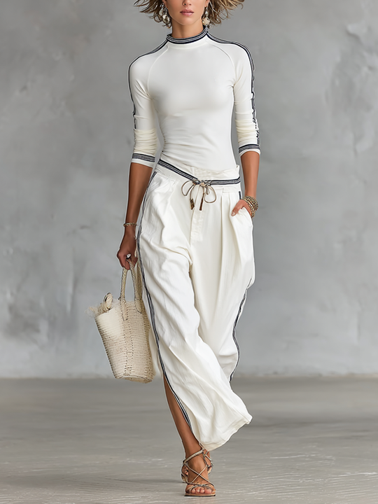 ISA - Long-sleeved T-shirt Drawstring Wide-leg Pants Two-piece Set