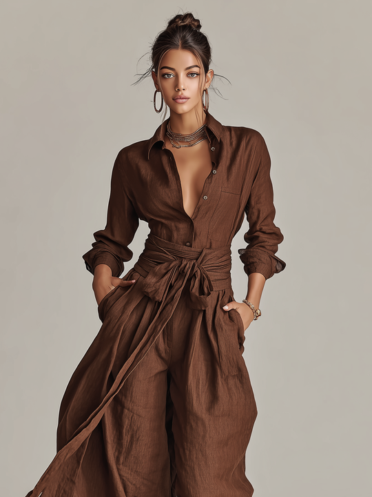 ROSANNA - Elegant Brown Woven Cotton-linen Long-sleeved Shirt