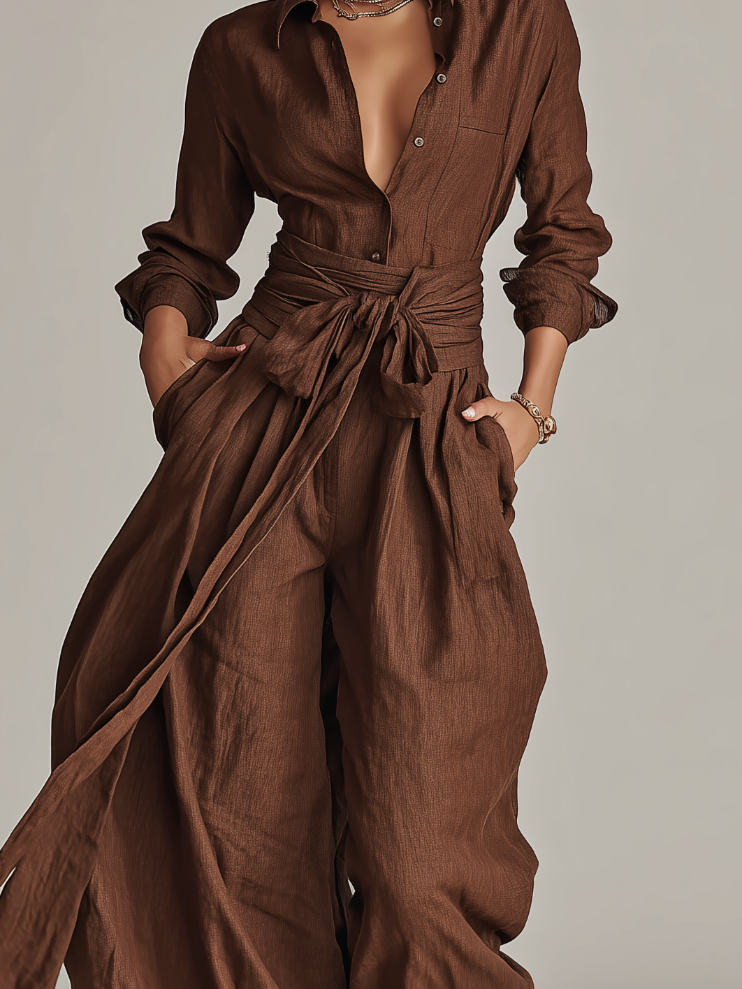 ROSANNA - Elegant Brown Woven Cotton-linen Long-sleeved Shirt
