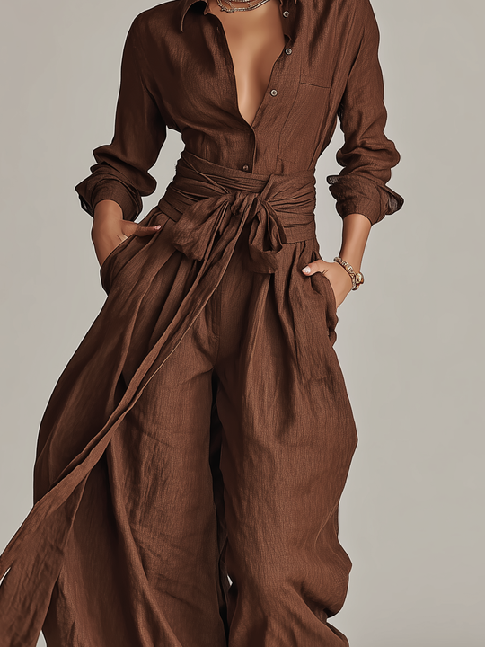 ROSANNA - Elegant Brown Woven Cotton-linen Long-sleeved Shirt