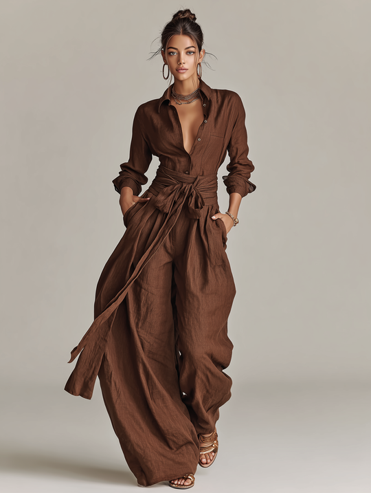 ROSANNA - Elegant Brown Woven Cotton-linen Long-sleeved Shirt