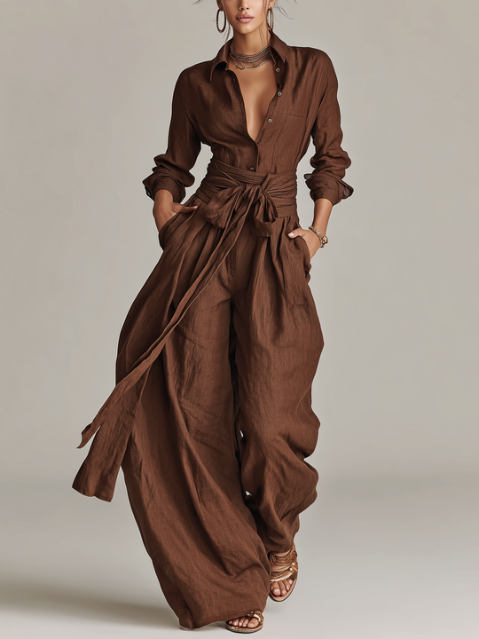 ROSANNA - Elegant Brown Woven Cotton-linen Long-sleeved Shirt
