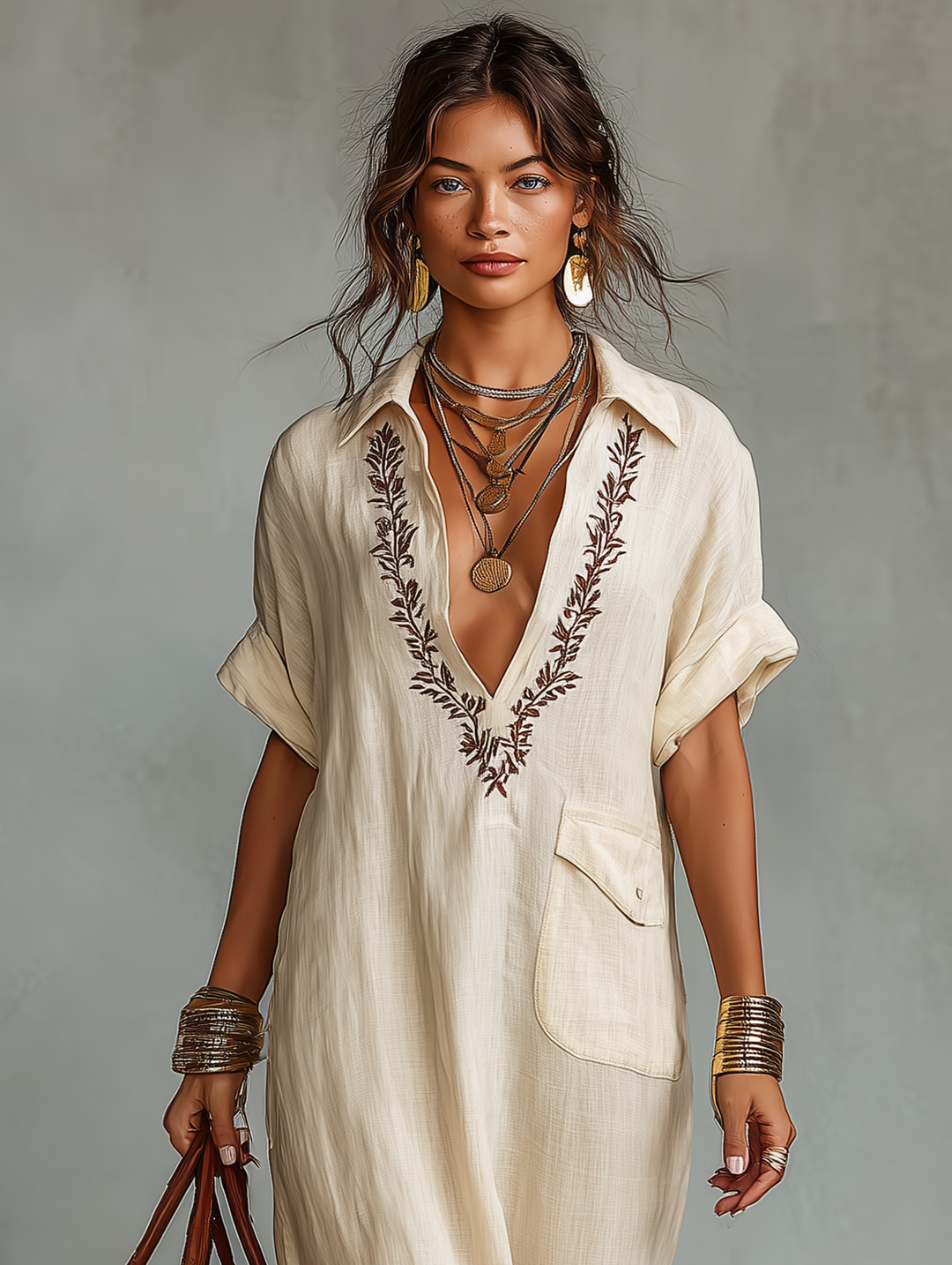 ELSA - Linen Blend Short-sleeved Shirt Maxi Dress