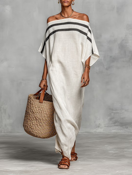 CECILIA - Linen Blend Batwing Sleeve Straight-cut Maxi Dress