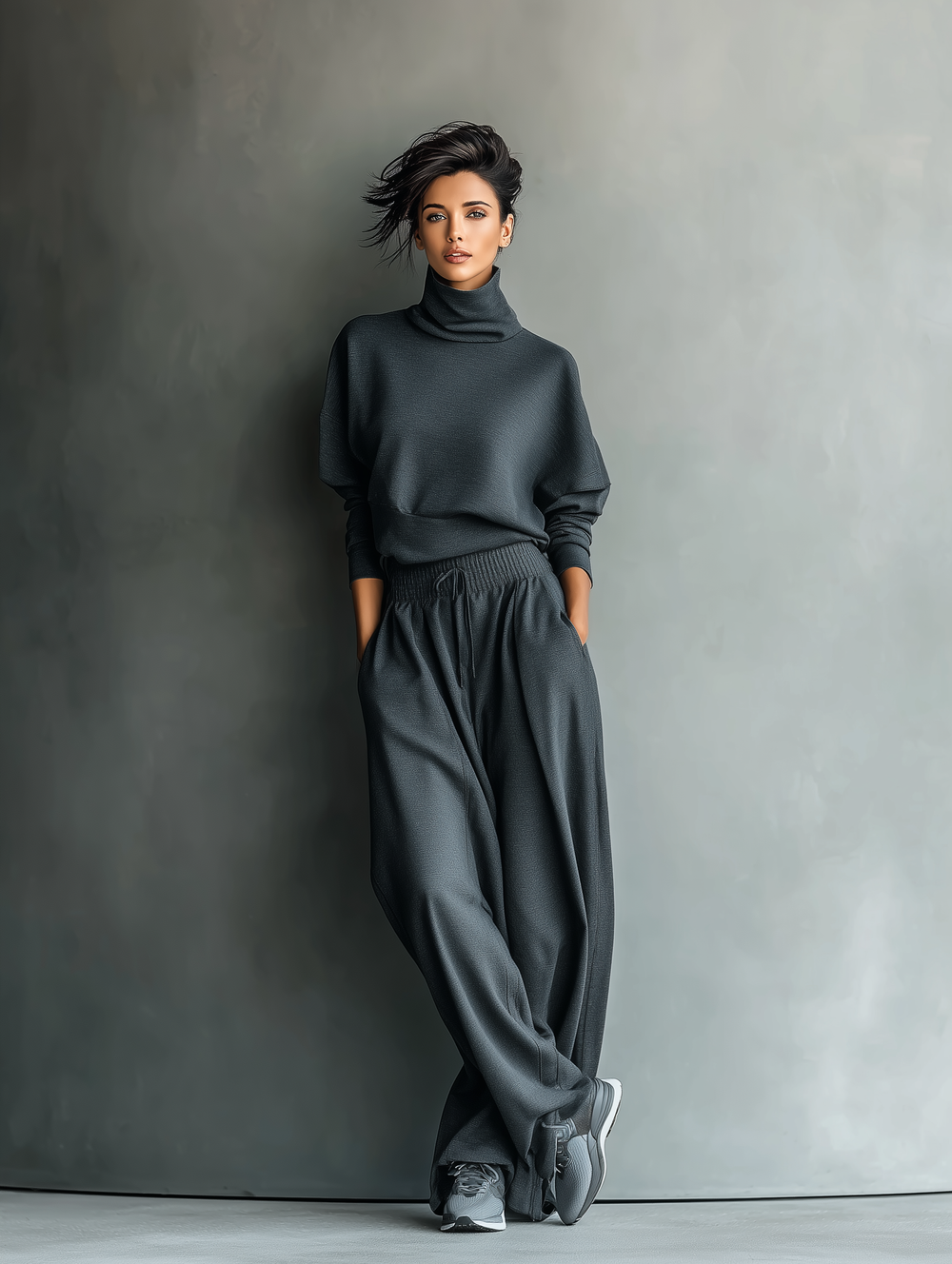 NORA - Charcoal Knit Oversized Top & Wide-Leg Pants Set