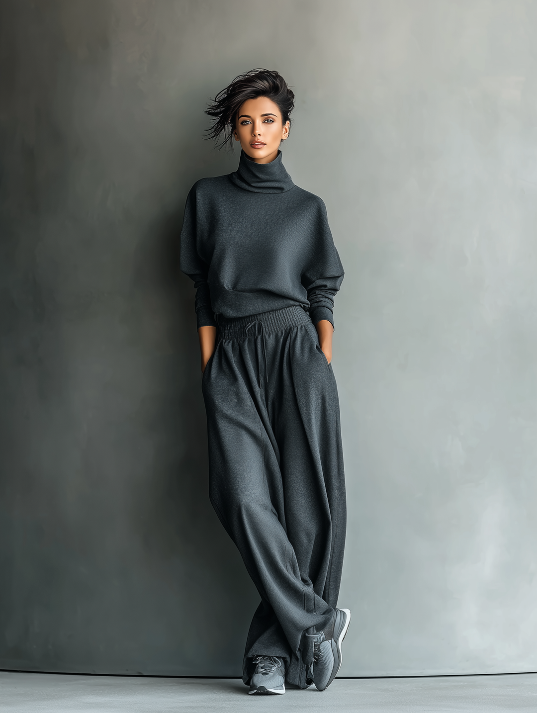 NORA - Charcoal Knit Oversized Top & Wide-Leg Pants Set