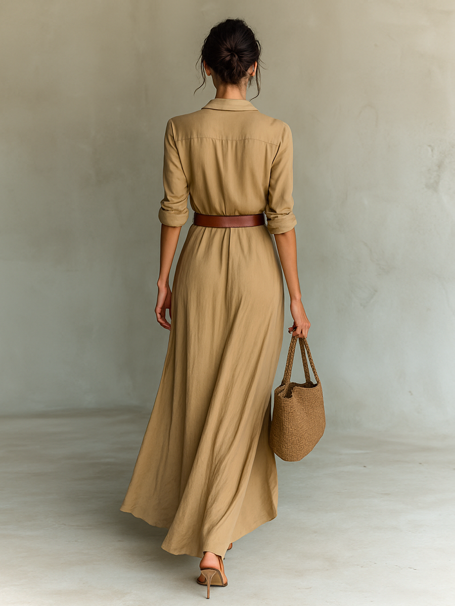 ASHLEY - Lapel Single Breasted Long Sleeve Maxi Dress