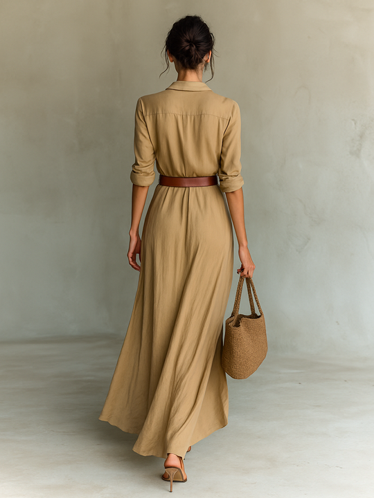 ASHLEY - Lapel Single Breasted Long Sleeve Maxi Dress