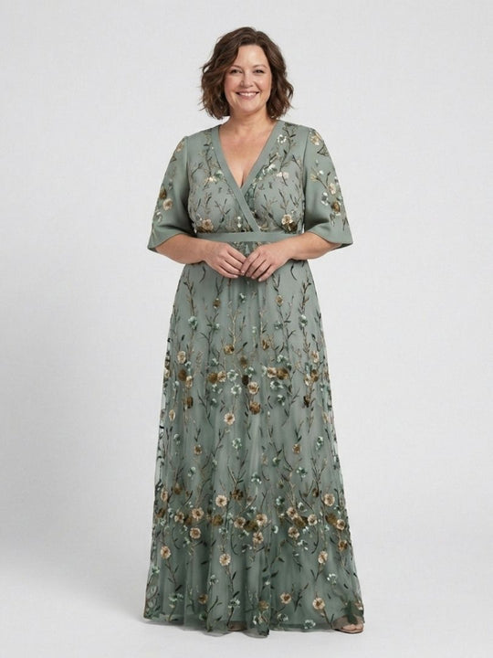 EVADNE™ | Floral V Neck Short Sleeve Maxi Dress