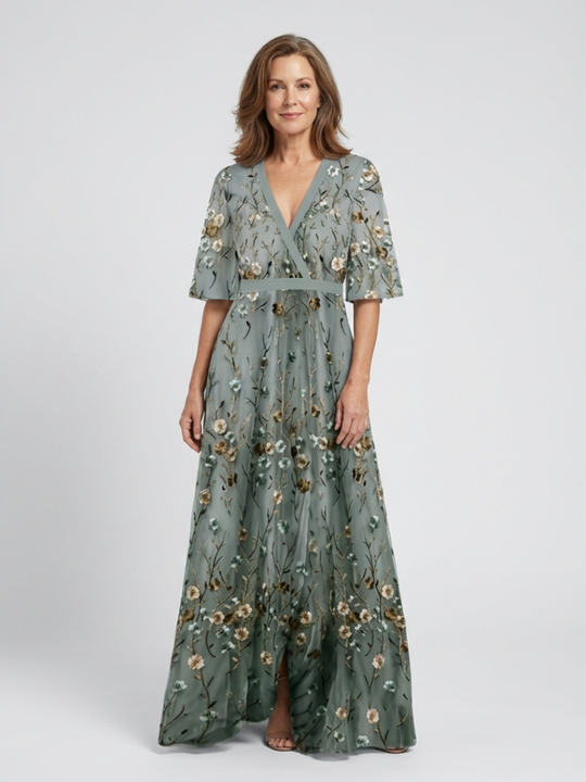 EVADNE™ | Floral V Neck Short Sleeve Maxi Dress