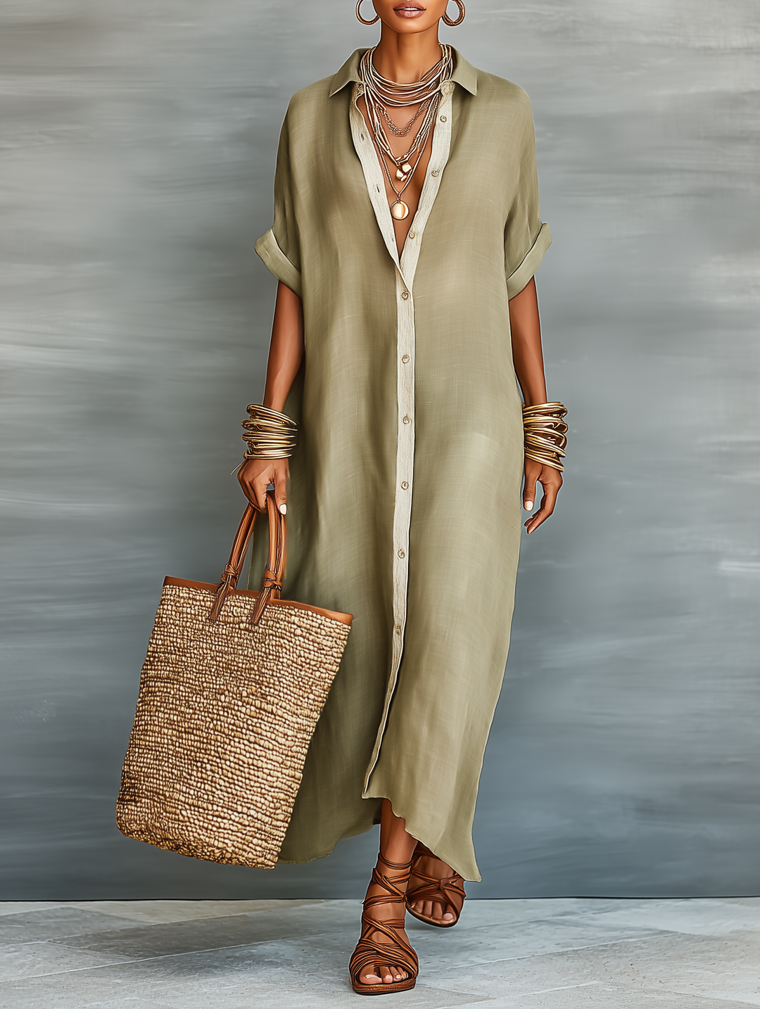 LORETTA - Linen Blend Short-sleeved Shirt Maxi Dress
