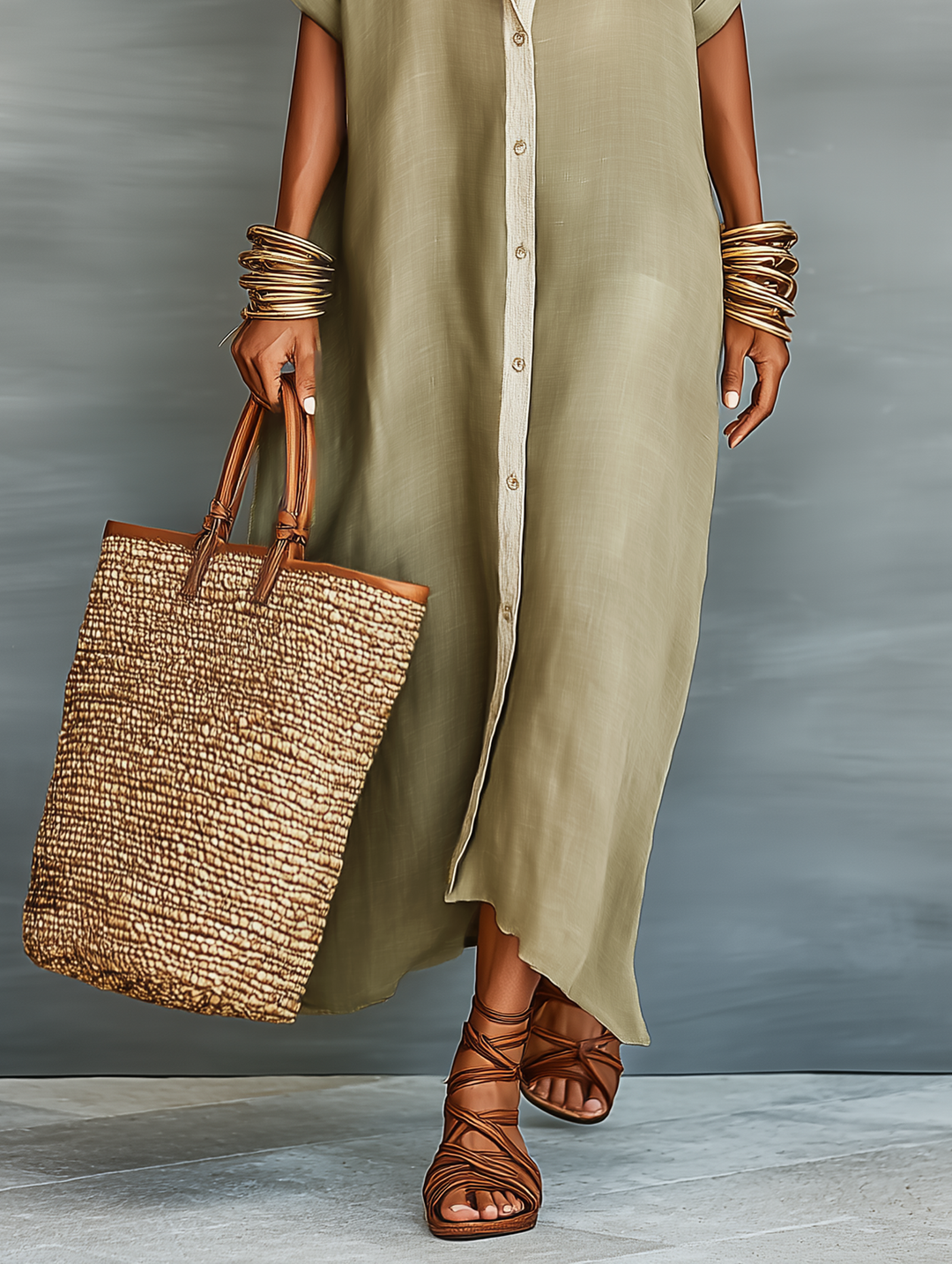 LORETTA - Linen Blend Short-sleeved Shirt Maxi Dress