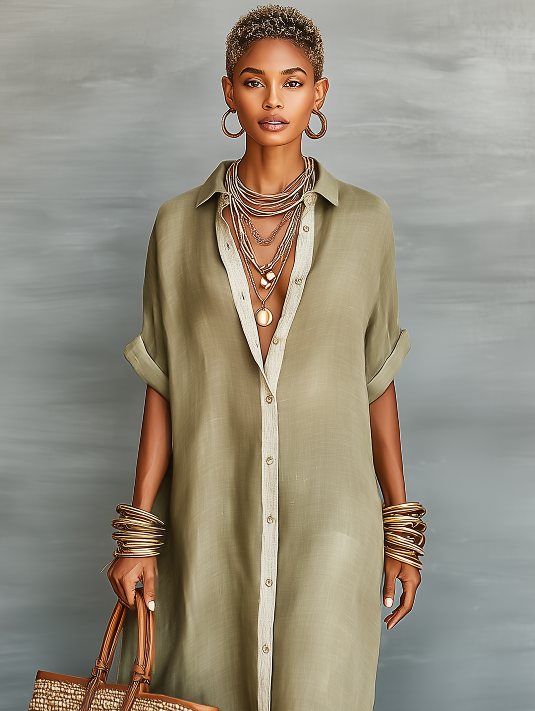 LORETTA - Linen Blend Short-sleeved Shirt Maxi Dress