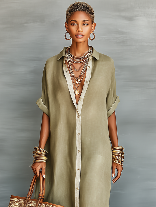 LORETTA - Linen Blend Short-sleeved Shirt Maxi Dress