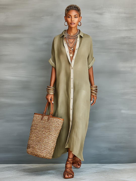 LORETTA - Linen Blend Short-sleeved Shirt Maxi Dress