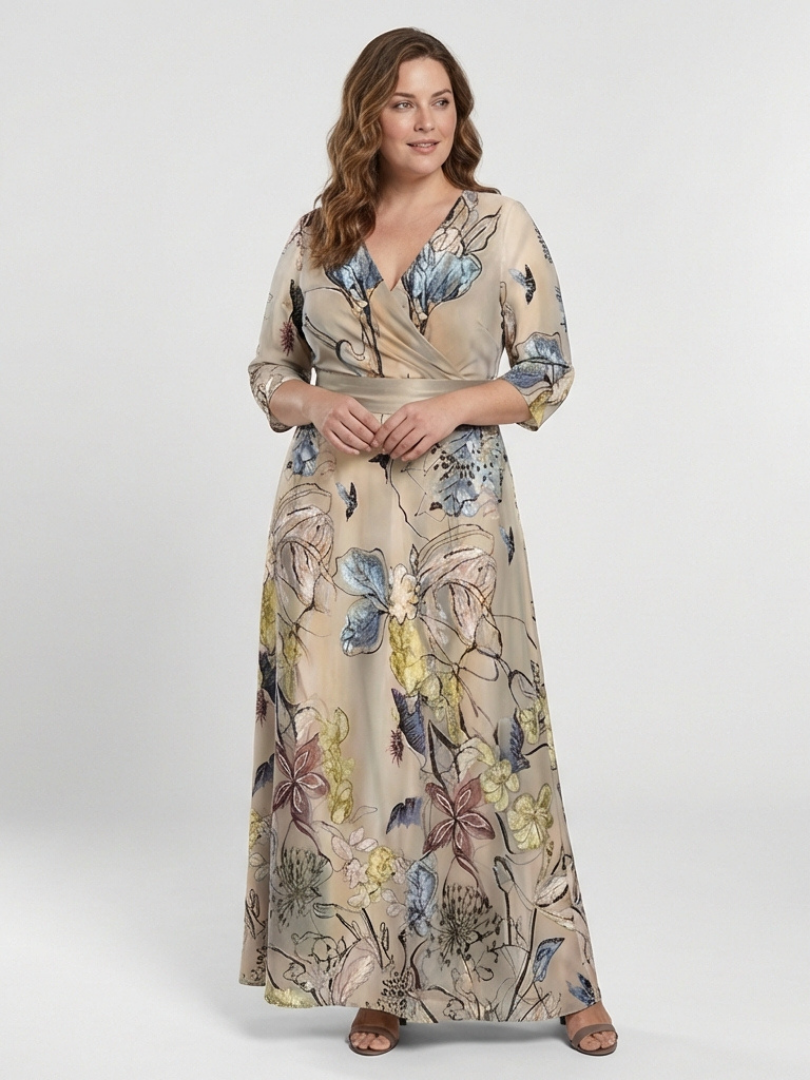 Margaret | Three Quarter Sleeve Floral Maxi Wrap Dress